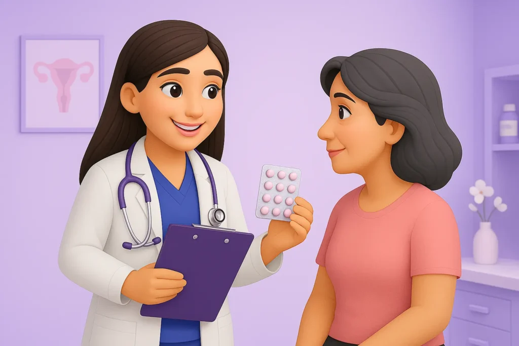 Doctora ginecóloga explicando terapia de reemplazo hormonal a una paciente en Guadalajara