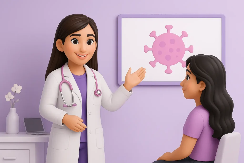 Doctora explicando el Virus del Papiloma Humano (VPH) a una paciente con una pantalla educativa.