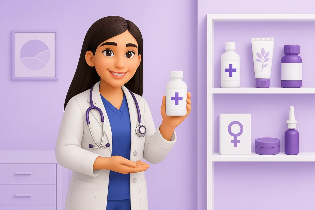 Doctora ginecóloga mostrando productos ginecológicos en su consultorio en Guadalajara