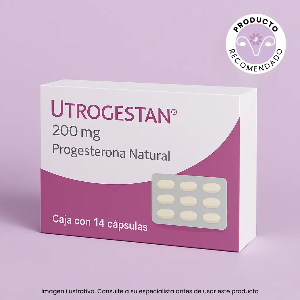 Caja de Utrogestan 200 mg progesterona natural recomendada por ginecóloga, sobre fondo lavanda